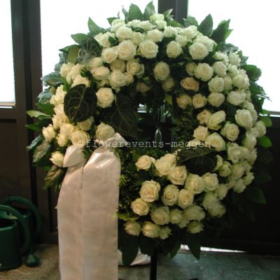 Funeral wreath made from white roses